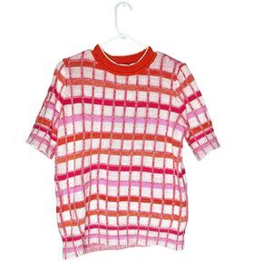 Ann‎ Taylor Sweater Womens Medium Plaid Check Short Sleeve Casual Stretchy